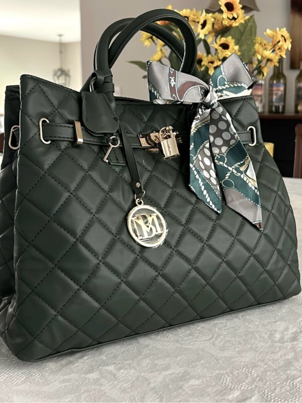 Badgley Mischka Quilted Dark Green Satchel with Gold Hardware